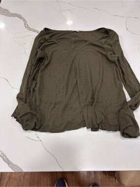 Free People Olive V-Neck Waffle-Knit Long Sleeve Top